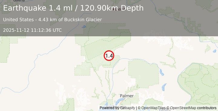 Earthquake 54 km NNE of Petersville, Alaska (1.4 ml) (2025-11-12 11:12:36 UTC)
