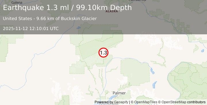 Earthquake 65 km NNE of Petersville, Alaska (1.3 ml) (2025-11-12 12:10:01 UTC)