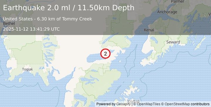 Earthquake 43 km WSW of Nanwalek, Alaska (2.0 ml) (2025-11-12 13:41:30 UTC)