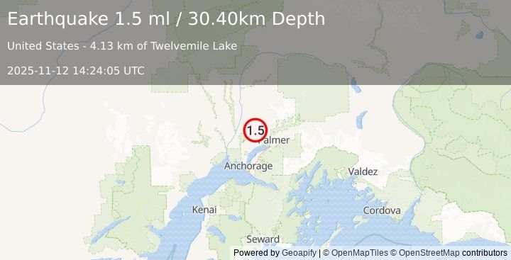 Earthquake 13 km NNW of Meadow Lakes, Alaska (1.5 ml) (2025-11-12 14:24:05 UTC)