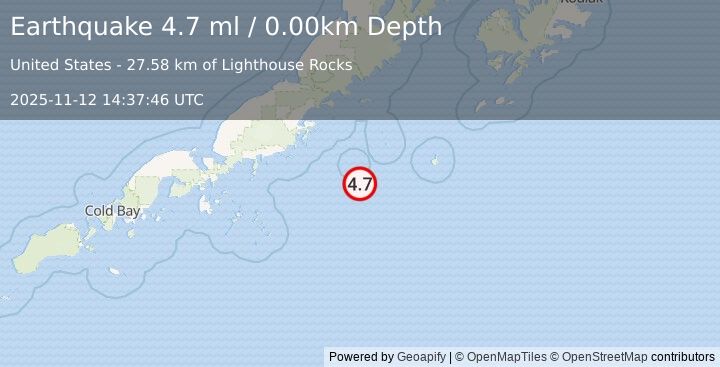 Earthquake 99 km SE of Chignik, Alaska (2.5 ml) (2025-11-12 14:37:51 UTC)