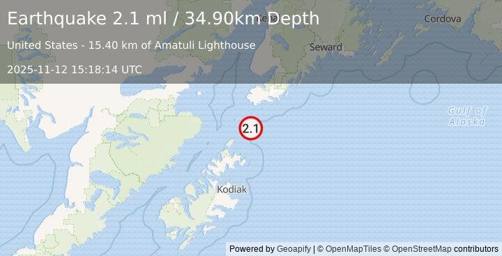 Earthquake 61 km S of Port Graham, Alaska (2.1 ml) (2025-11-12 15:18:14 UTC)