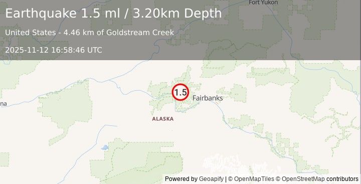 Earthquake 31 km SE of Minto, Alaska (1.5 ml) (2025-11-12 16:58:46 UTC)