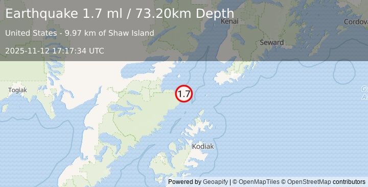 Earthquake 85 km WSW of Nanwalek, Alaska (1.7 ml) (2025-11-12 17:17:34 UTC)