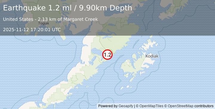 Earthquake 79 km WNW of Karluk, Alaska (1.2 ml) (2025-11-12 17:20:01 UTC)