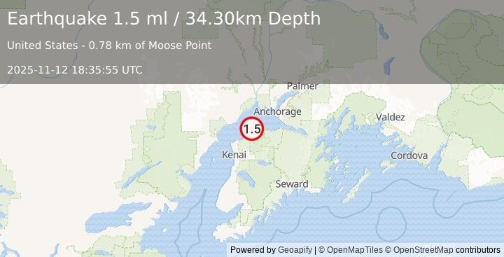 Earthquake 3 km N of Point Possession, Alaska (1.5 ml) (2025-11-12 18:35:55 UTC)