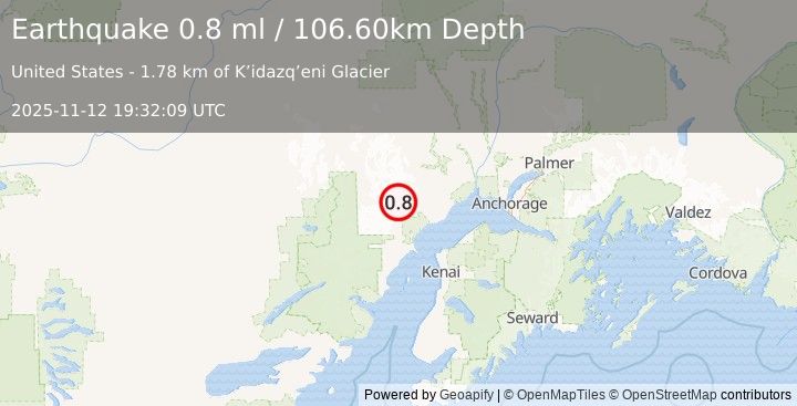 Earthquake 54 km WNW of Tyonek, Alaska (0.8 ml) (2025-11-12 19:32:09 UTC)