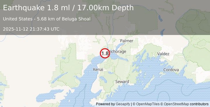 Earthquake 18 km E of Beluga, Alaska (1.8 ml) (2025-11-12 21:37:43 UTC)