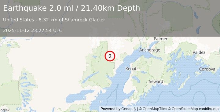 Earthquake 86 km WNW of Nikiski, Alaska (2.0 ml) (2025-11-12 23:27:54 UTC)