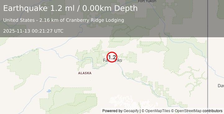 Earthquake 3 km NW of Farmers Loop, Alaska (1.2 ml) (2025-11-13 00:21:27 UTC)