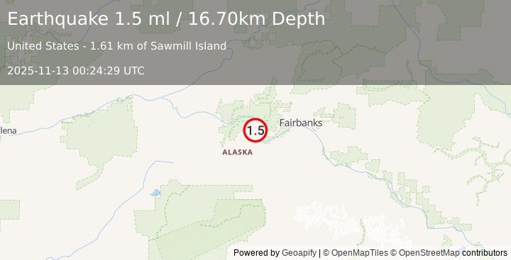 Earthquake 15 km N of Four Mile Road, Alaska (1.5 ml) (2025-11-13 00:24:29 UTC)