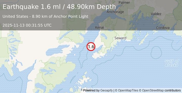 Earthquake 11 km WSW of Anchor Point, Alaska (1.6 ml) (2025-11-13 00:31:55 UTC)