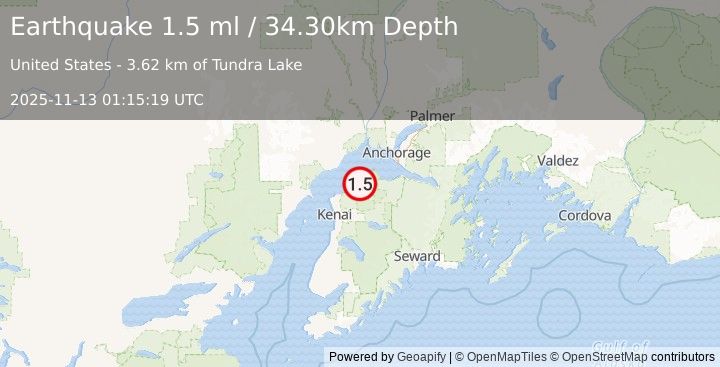 Earthquake 4 km S of Point Possession, Alaska (1.5 ml) (2025-11-13 01:15:19 UTC)
