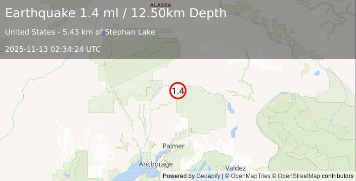 Earthquake 69 km ENE of Chase, Alaska (1.4 ml) (2025-11-13 02:34:24 UTC)