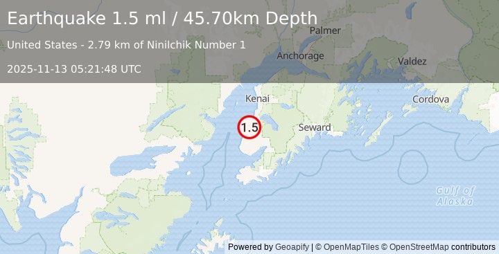 Earthquake 10 km ENE of Ninilchik, Alaska (1.5 ml) (2025-11-13 05:21:48 UTC)