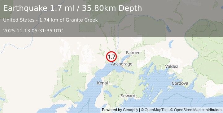 Earthquake 10 km SSW of Susitna, Alaska (1.7 ml) (2025-11-13 05:31:35 UTC)