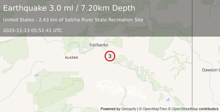Earthquake 6 km NW of Salcha, Alaska (3.0 ml) (2025-11-13 05:51:42 UTC)