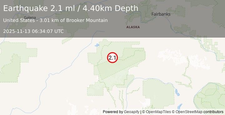Earthquake 28 km E of Denali National Park, Alaska (2.1 ml) (2025-11-13 06:34:06 UTC)