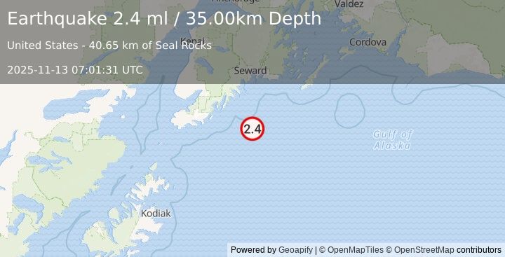 Earthquake 99 km S of Lowell Point, Alaska (2.4 ml) (2025-11-13 07:01:31 UTC)