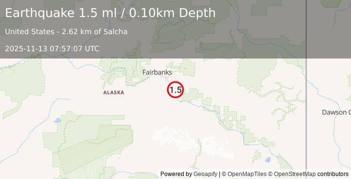 Earthquake 2 km S of Salcha, Alaska (1.5 ml) (2025-11-13 07:57:07 UTC)