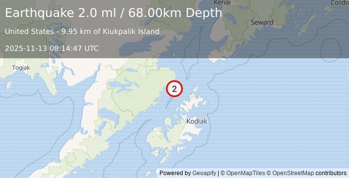 Earthquake 61 km NNW of Aleneva, Alaska (2.2 ml) (2025-11-13 08:14:48 UTC)