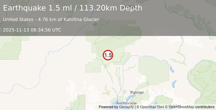 Earthquake 48 km NNW of Petersville, Alaska (1.5 ml) (2025-11-13 08:34:56 UTC)