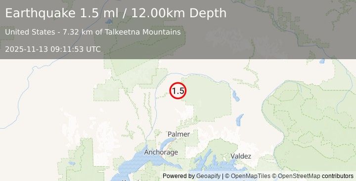 Earthquake 49 km E of Chase, Alaska (1.5 ml) (2025-11-13 09:11:53 UTC)