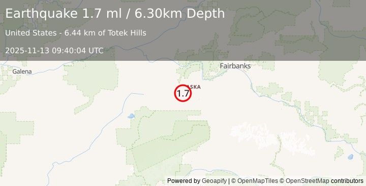 Earthquake 38 km W of Anderson, Alaska (1.7 ml) (2025-11-13 09:40:04 UTC)