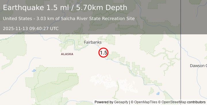 Earthquake 3 km S of Salcha, Alaska (1.5 ml) (2025-11-13 09:40:27 UTC)