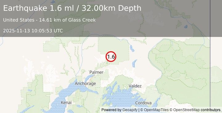 Earthquake 41 km NNW of Glacier View, Alaska (1.6 ml) (2025-11-13 10:05:53 UTC)
