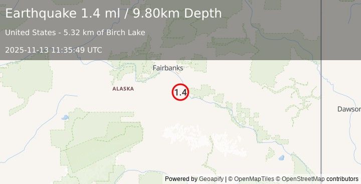 Earthquake 20 km SW of Salcha, Alaska (1.4 ml) (2025-11-13 11:35:49 UTC)