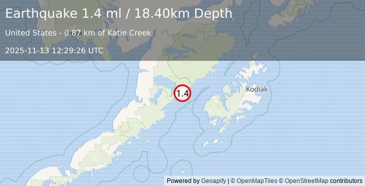 Earthquake 71 km W of Karluk, Alaska (1.4 ml) (2025-11-13 12:29:26 UTC)