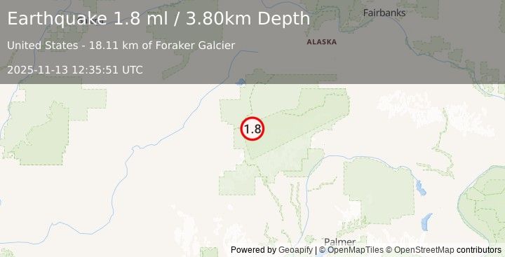 Earthquake 33 km S of Denali National Park, Alaska (1.8 ml) (2025-11-13 12:35:51 UTC)