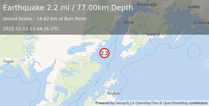 Earthquake 67 km W of Nanwalek, Alaska (2.2 ml) (2025-11-13 13:04:35 UTC)
