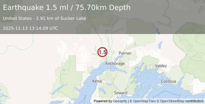 Earthquake 20 km WNW of Susitna, Alaska (1.5 ml) (2025-11-13 13:14:09 UTC)