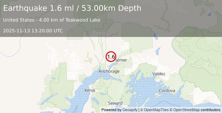 Earthquake 10 km NNE of Houston, Alaska (1.6 ml) (2025-11-13 13:20:00 UTC)