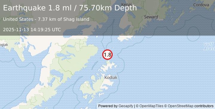 Earthquake 70 km NNE of Aleneva, Alaska (1.8 ml) (2025-11-13 14:19:25 UTC)