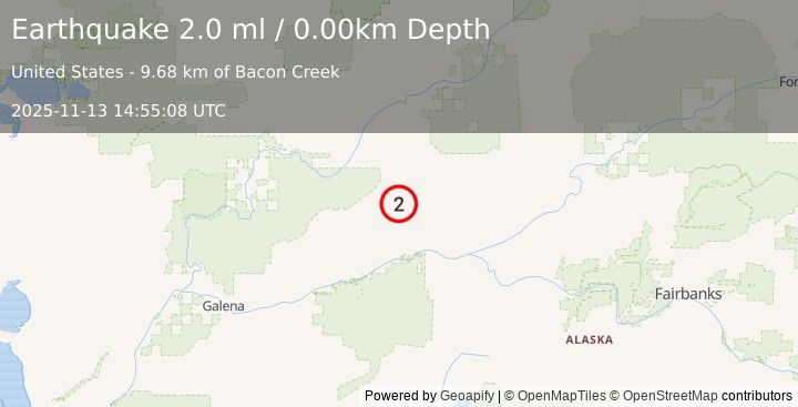 Earthquake 63 km SE of Hughes, Alaska (2.0 ml) (2025-11-13 14:55:08 UTC)