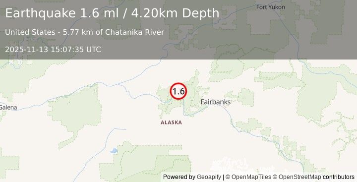 Earthquake 12 km S of Minto, Alaska (1.6 ml) (2025-11-13 15:07:35 UTC)