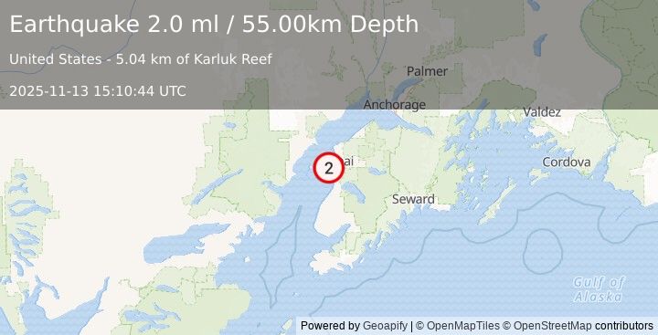 Earthquake 11 km WNW of Kalifornsky, Alaska (2.0 ml) (2025-11-13 15:10:44 UTC)