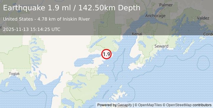 Earthquake 32 km E of Pedro Bay, Alaska (1.9 ml) (2025-11-13 15:14:25 UTC)