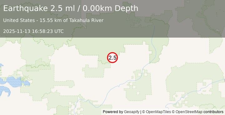 Earthquake 80 km NNW of Alatna, Alaska (2.2 ml) (2025-11-13 16:58:24 UTC)