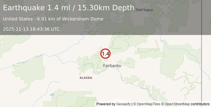 Earthquake 37 km SSE of Livengood, Alaska (1.4 ml) (2025-11-13 18:43:36 UTC)