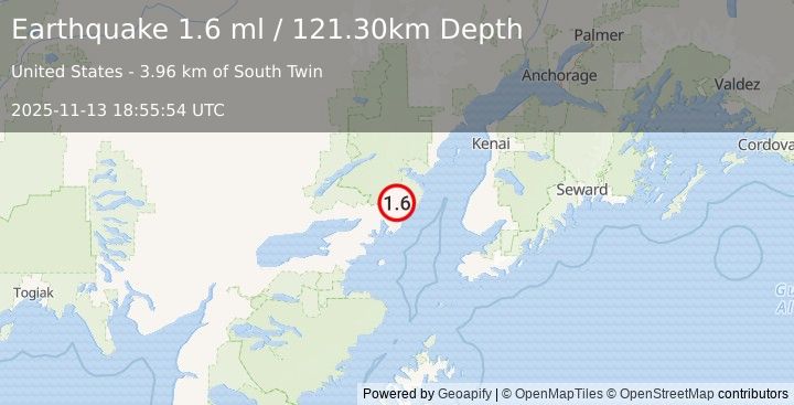 Earthquake 58 km ENE of Pedro Bay, Alaska (1.6 ml) (2025-11-13 18:55:54 UTC)