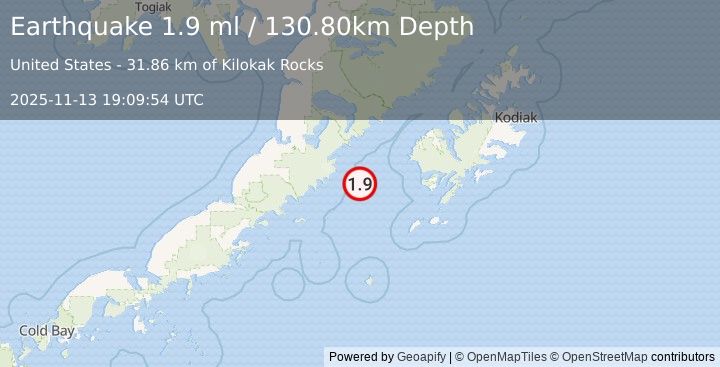 Earthquake 101 km W of Akhiok, Alaska (1.9 ml) (2025-11-13 19:09:54 UTC)