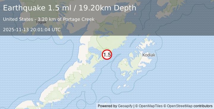 Earthquake 68 km WNW of Karluk, Alaska (1.4 ml) (2025-11-13 20:01:05 UTC)