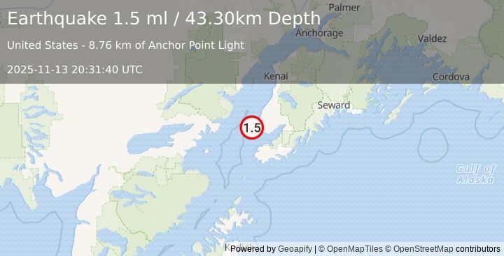 Earthquake 10 km WSW of Anchor Point, Alaska (1.5 ml) (2025-11-13 20:31:40 UTC)