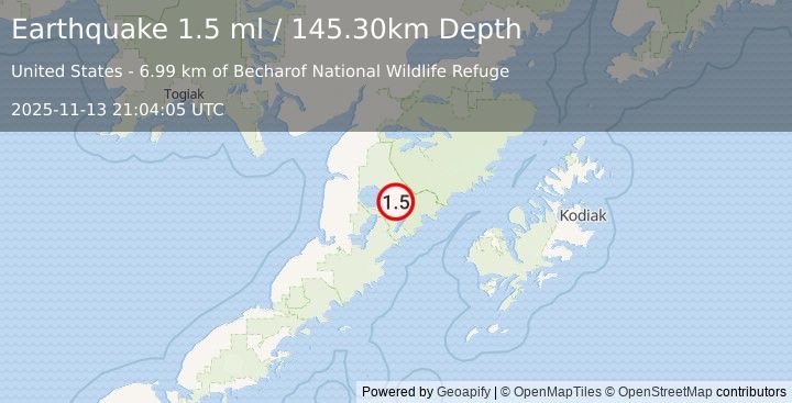 Earthquake 79 km ESE of Egegik, Alaska (1.5 ml) (2025-11-13 21:04:05 UTC)