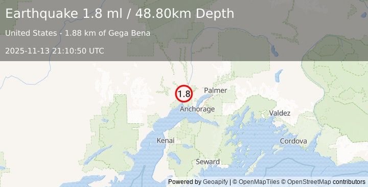 Earthquake 2 km ESE of Susitna, Alaska (1.8 ml) (2025-11-13 21:10:50 UTC)