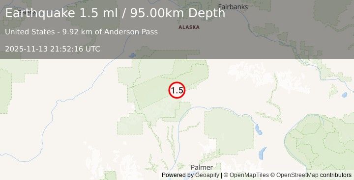 Earthquake 66 km WSW of Cantwell, Alaska (1.5 ml) (2025-11-13 21:52:16 UTC)